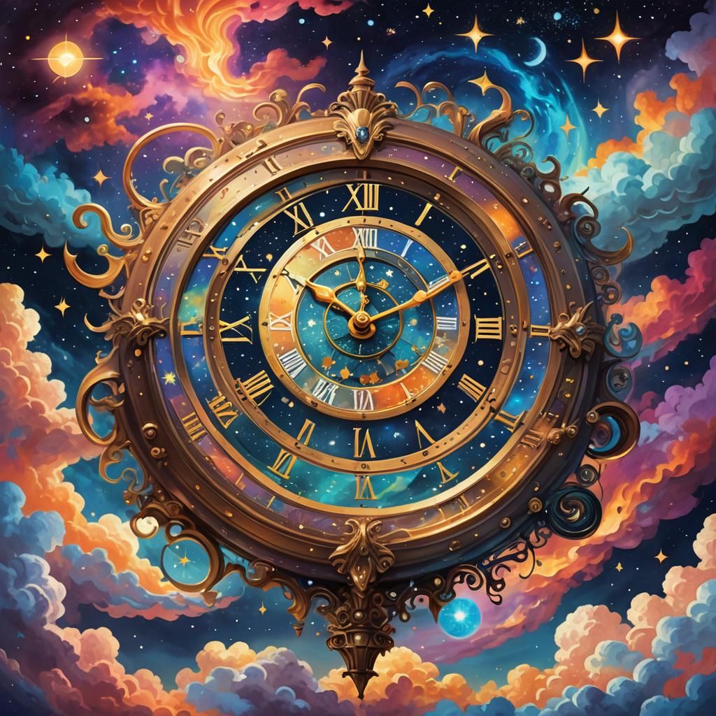 Astral Clock in Starry Sky: Surreal Dreamlike Vision