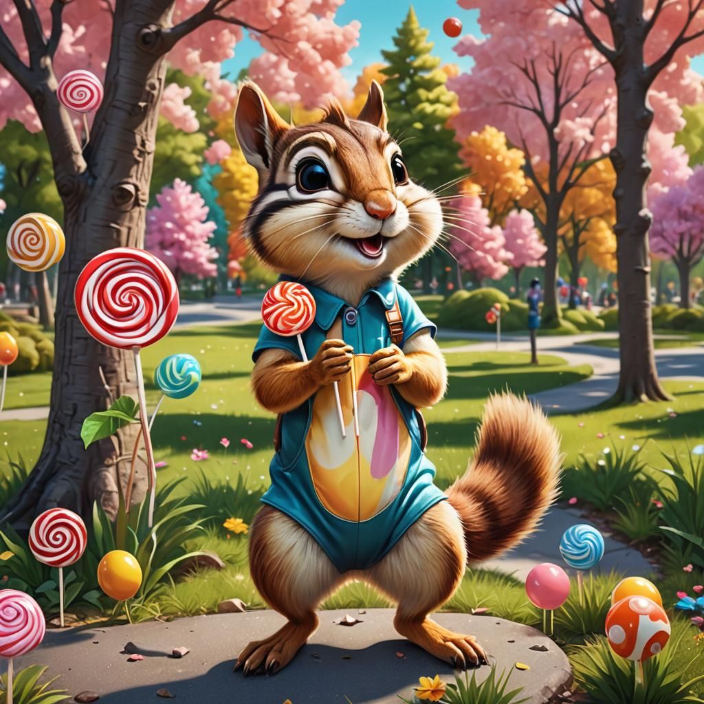Chipmunk in Candy Park, Hyperrealistic Digital Art