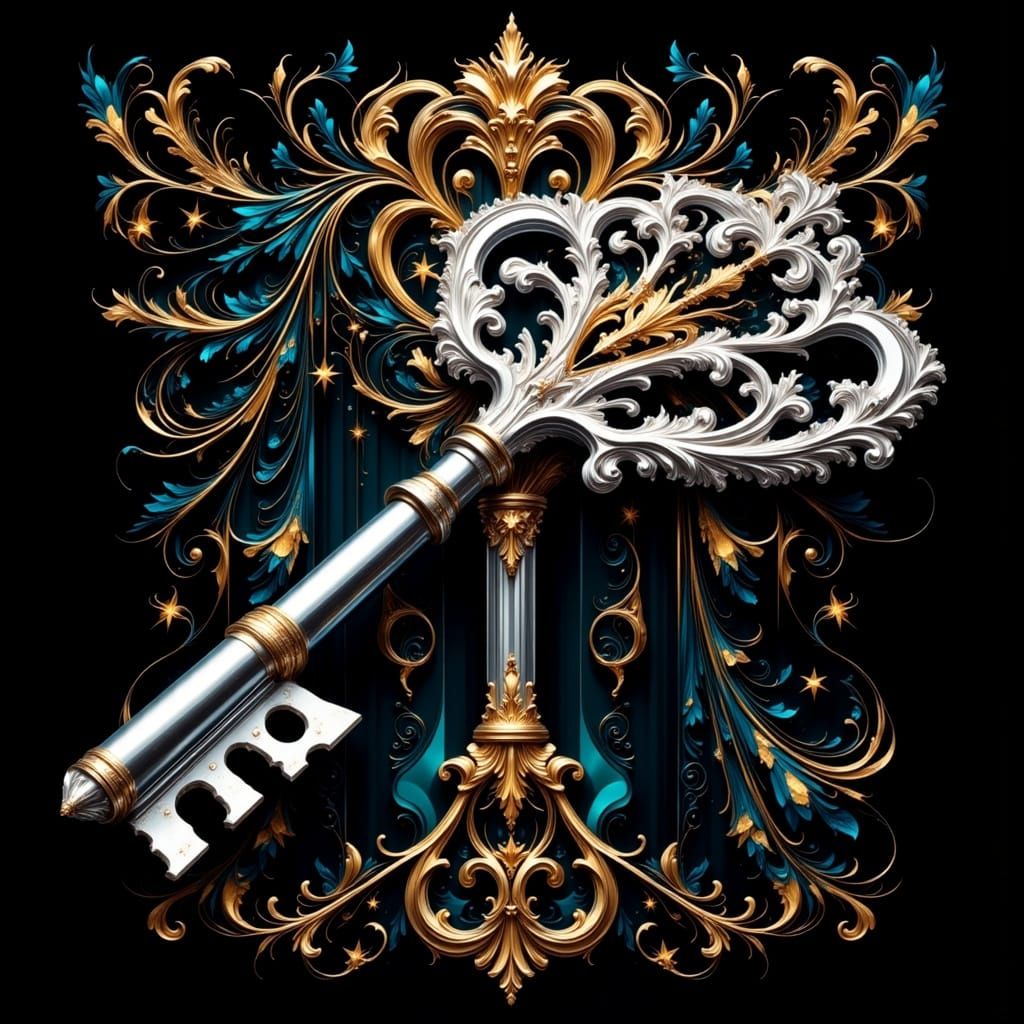 Ethereal Silver Key in Neon Bauhaus Style