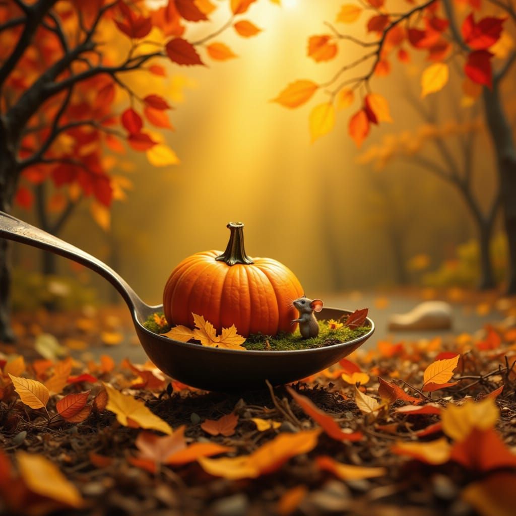 <lora:Automne dore:1.0> UNE CUILLIERE A SOUPE GEANTE AVEC DE...