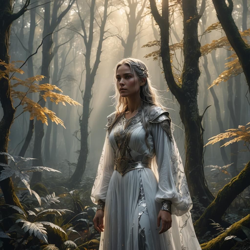 Mystical Forest Girl in Flowing Silver: Fantasy Art