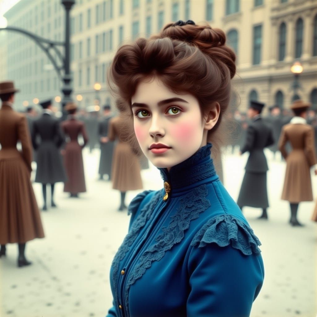Victorian Gibson Girl Poses in Snowy Downtown