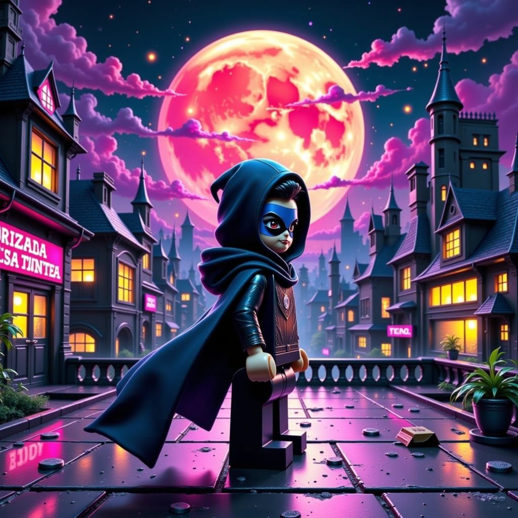 Cyberpunk Elf Lego Thief on Neon Rooftop