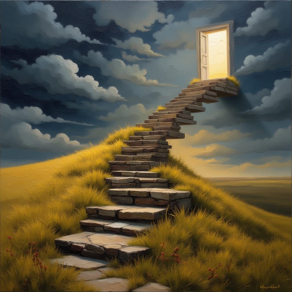 Surreal Staircase Unfolds to a Heavenly Portal