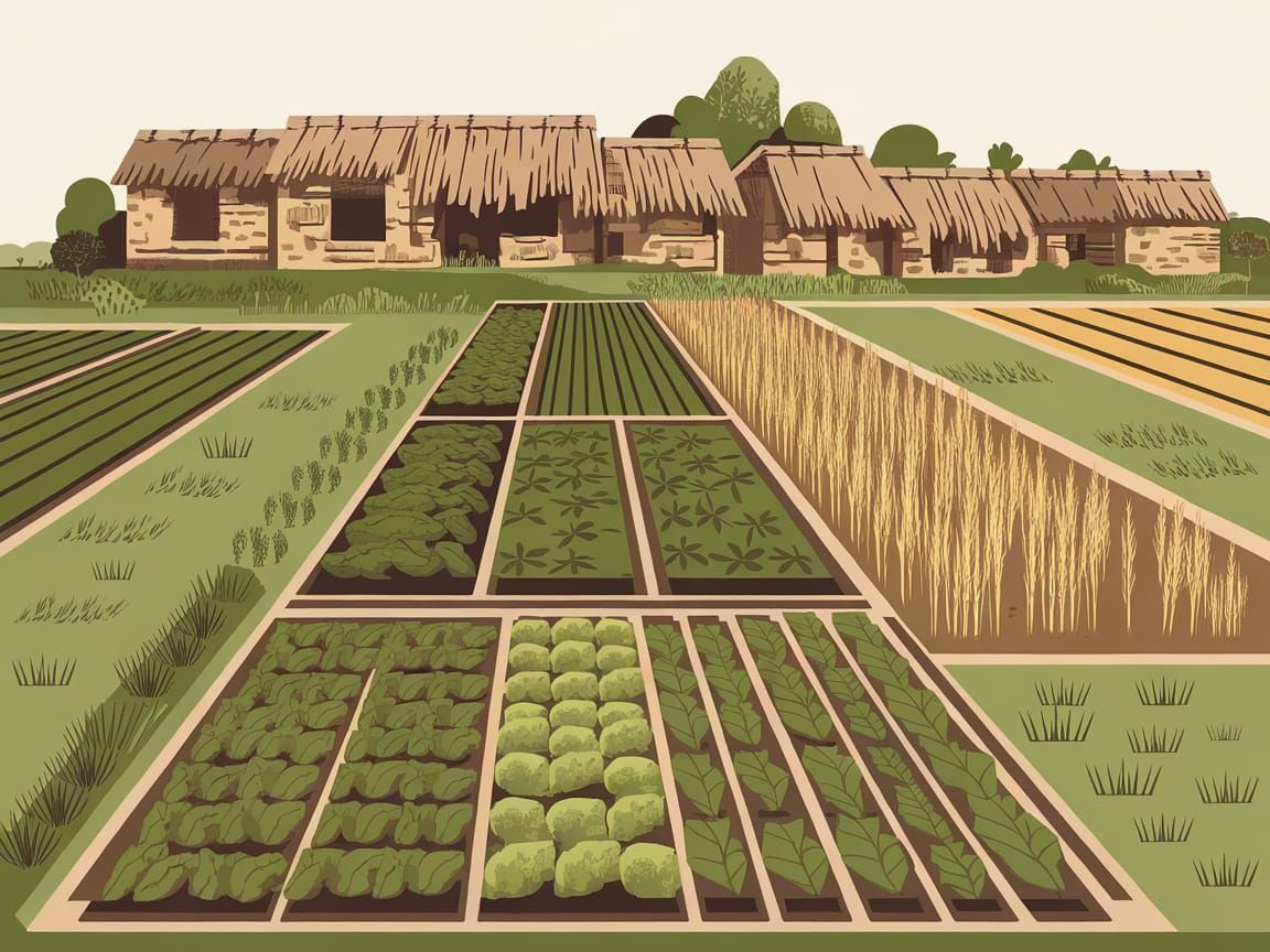 Rustic Village Harvest Scene in Traditional Style