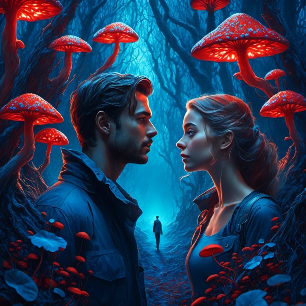 Psychedelic Couple in Mystical Glowing Forest