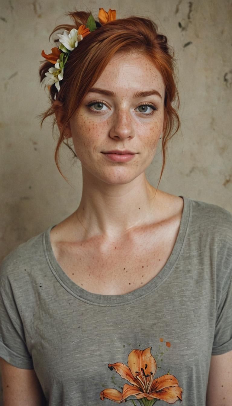 Freckled Ginger Woman with Flower, Impressionism