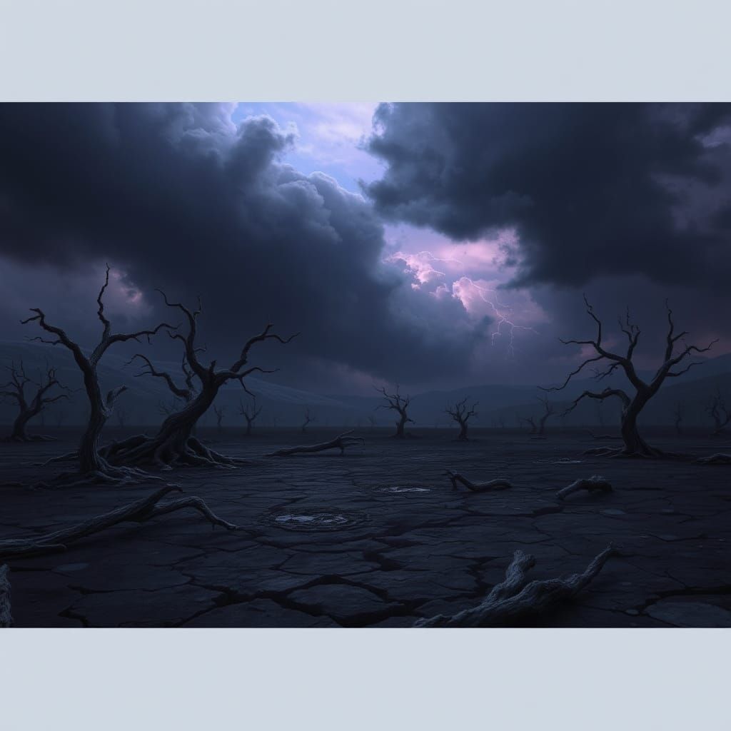 Desolate Landscape Under Stormy Sky in Dark Palette