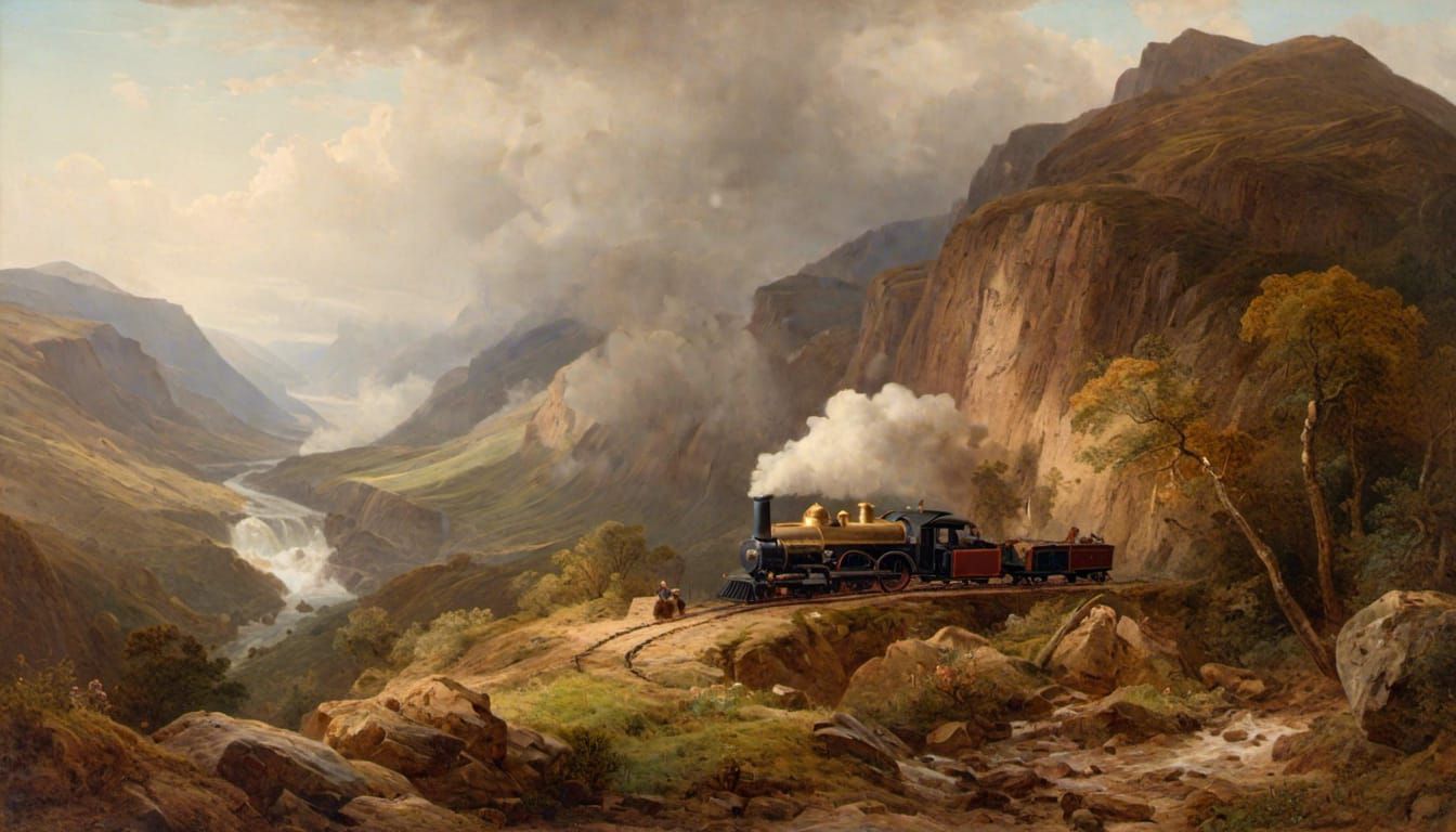 Close-up view steam locomotive on a curving precipice overlo...
