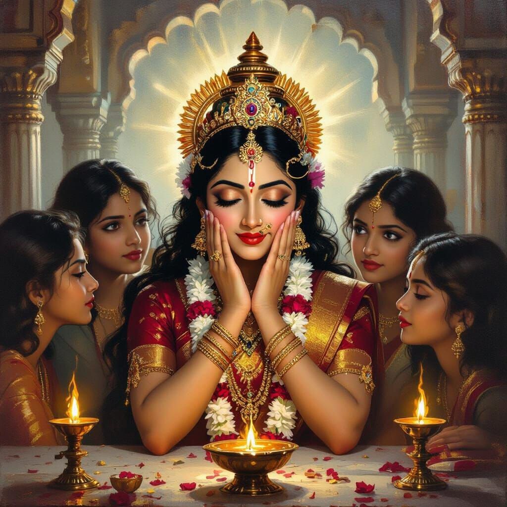 Maa Durga Blushing in Royal Palace, Oil Painting Style