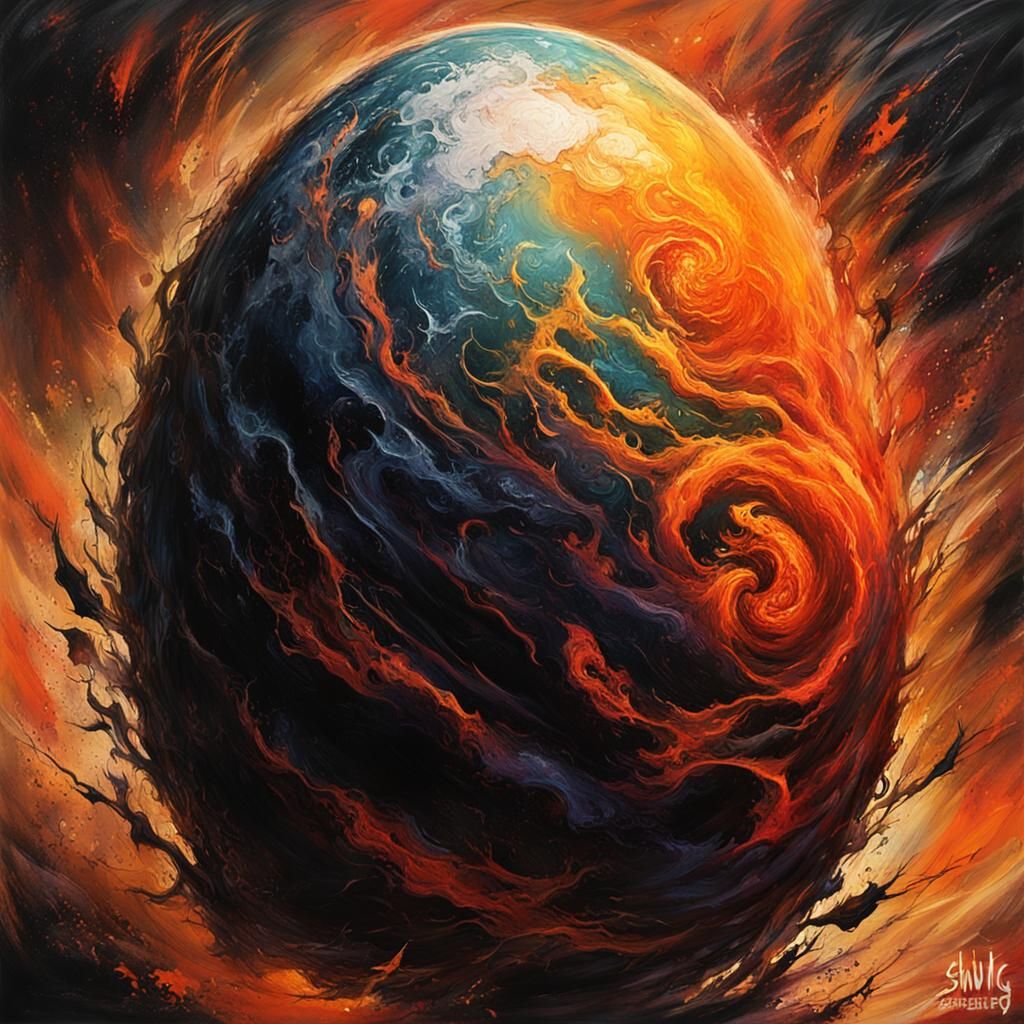 Furious Egg in Abstract Dreamscape, Bisley Style