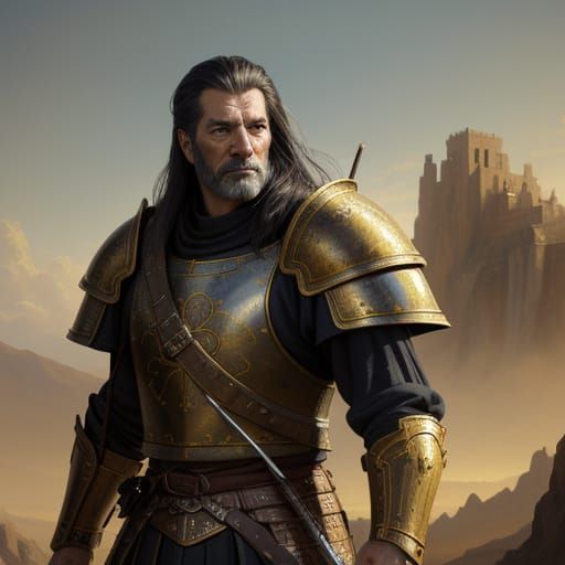 Golden Armored Warrior in Surreal Oil Painting