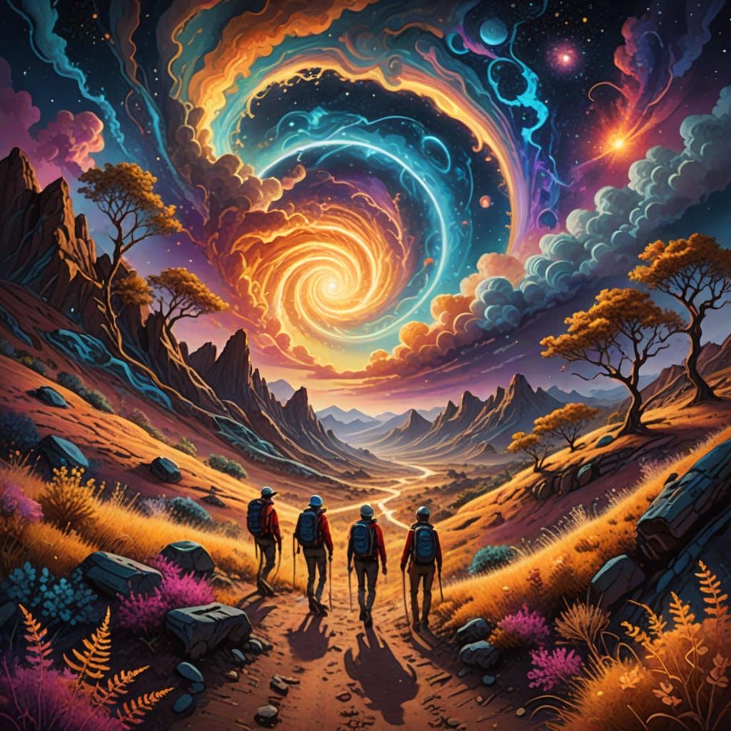 Cosmic Hikers on a Dusty Trail, Mixed Media Illustration