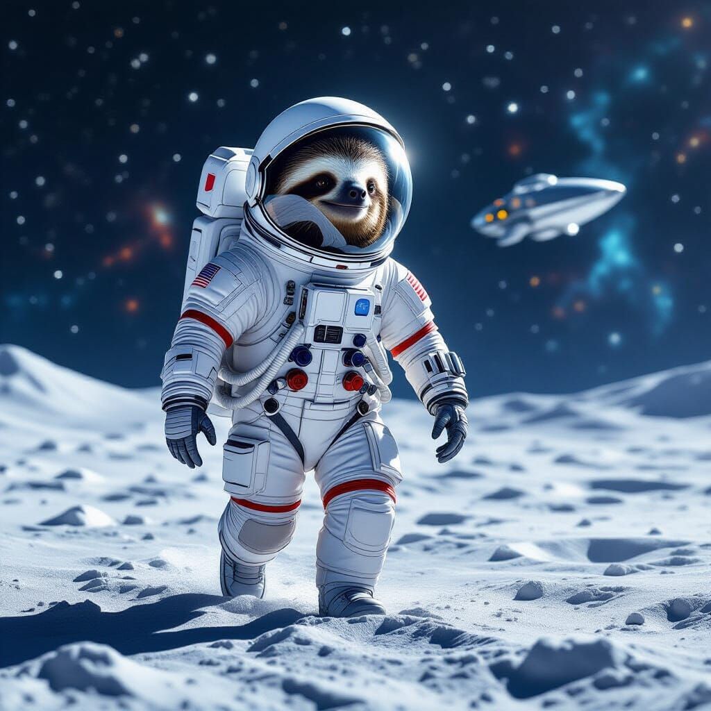 Sloth Astronaut Walks on Moon in Detailed Space Suit