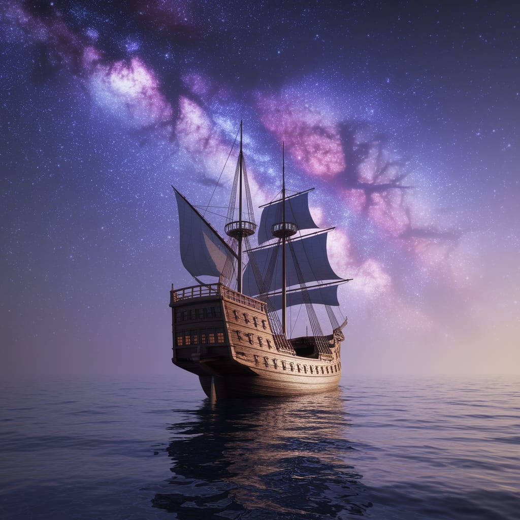 Merchant Galleon Sailing Under Starry Night Sky
