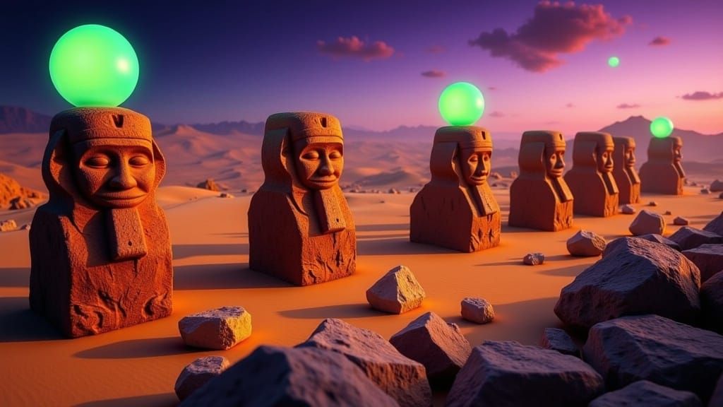 Mystical Olmec Sculptures in Surreal Desert Twilight