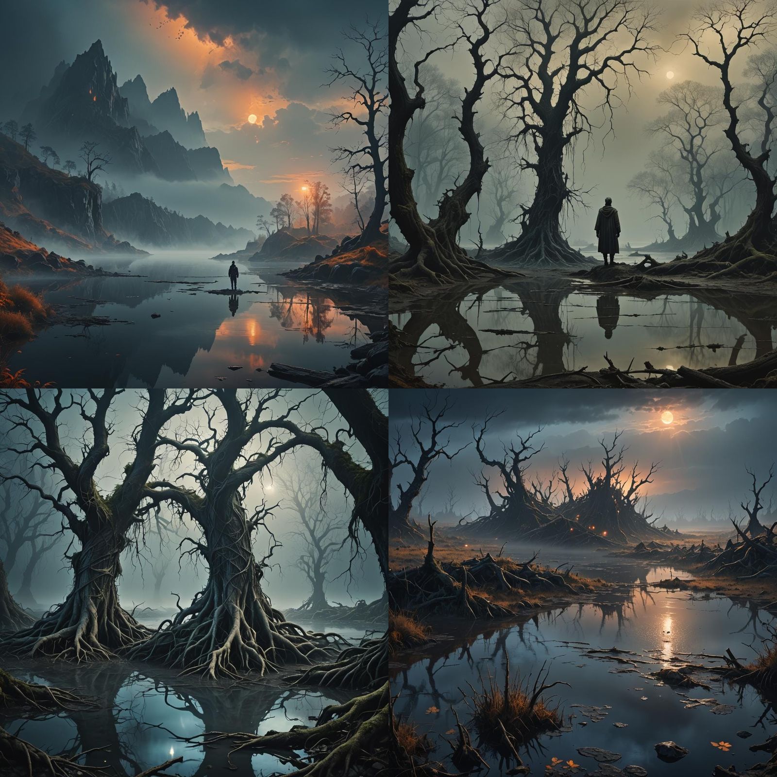 Gloomy Bog Lake with Blue Lighting, Detailed Matte Painting