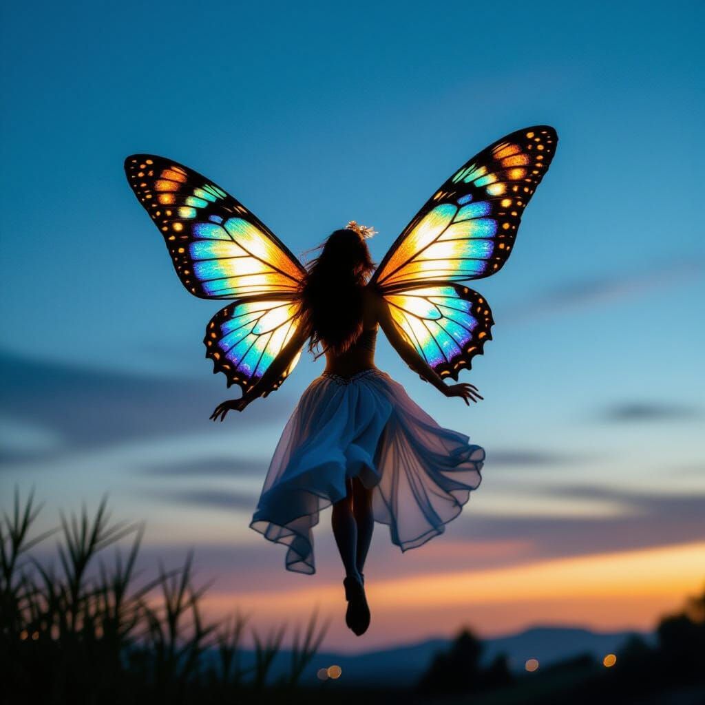 Fairy with Iridescent Wings in Twilight