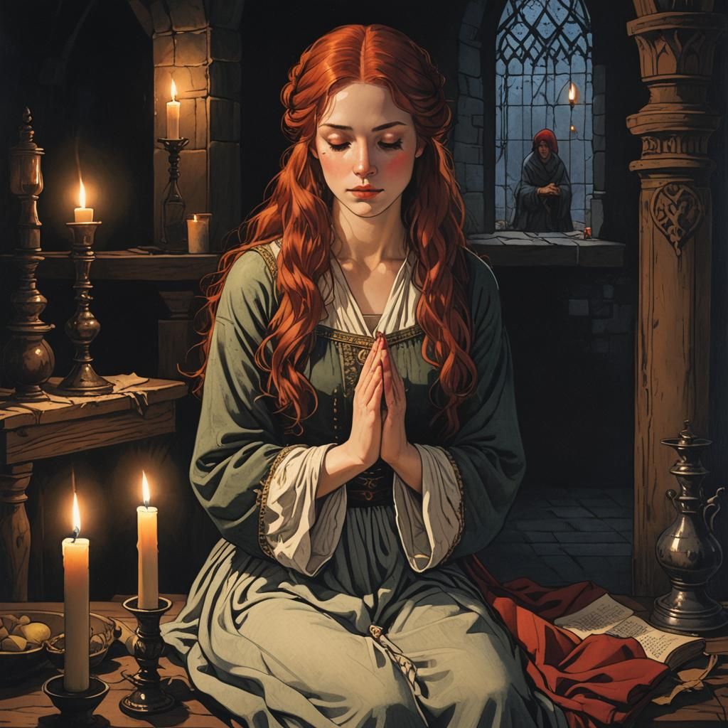 Medieval Peasant Woman Praying by Candlelight