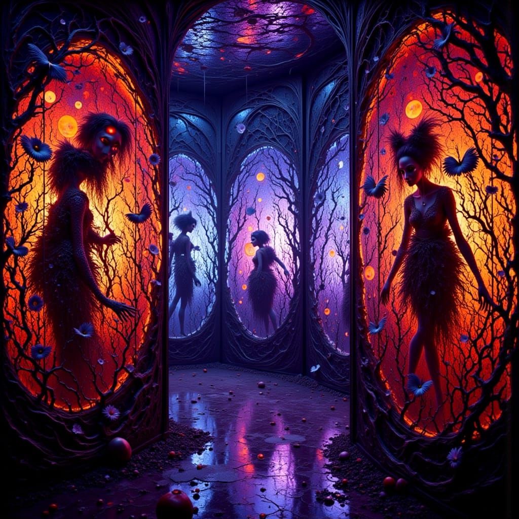 Hellish Circular Chamber with Distorted Holographic Women