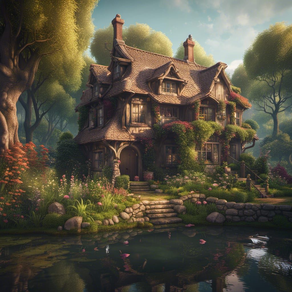Retro Cottage in Forest, Secret Garden: Fantasy Art