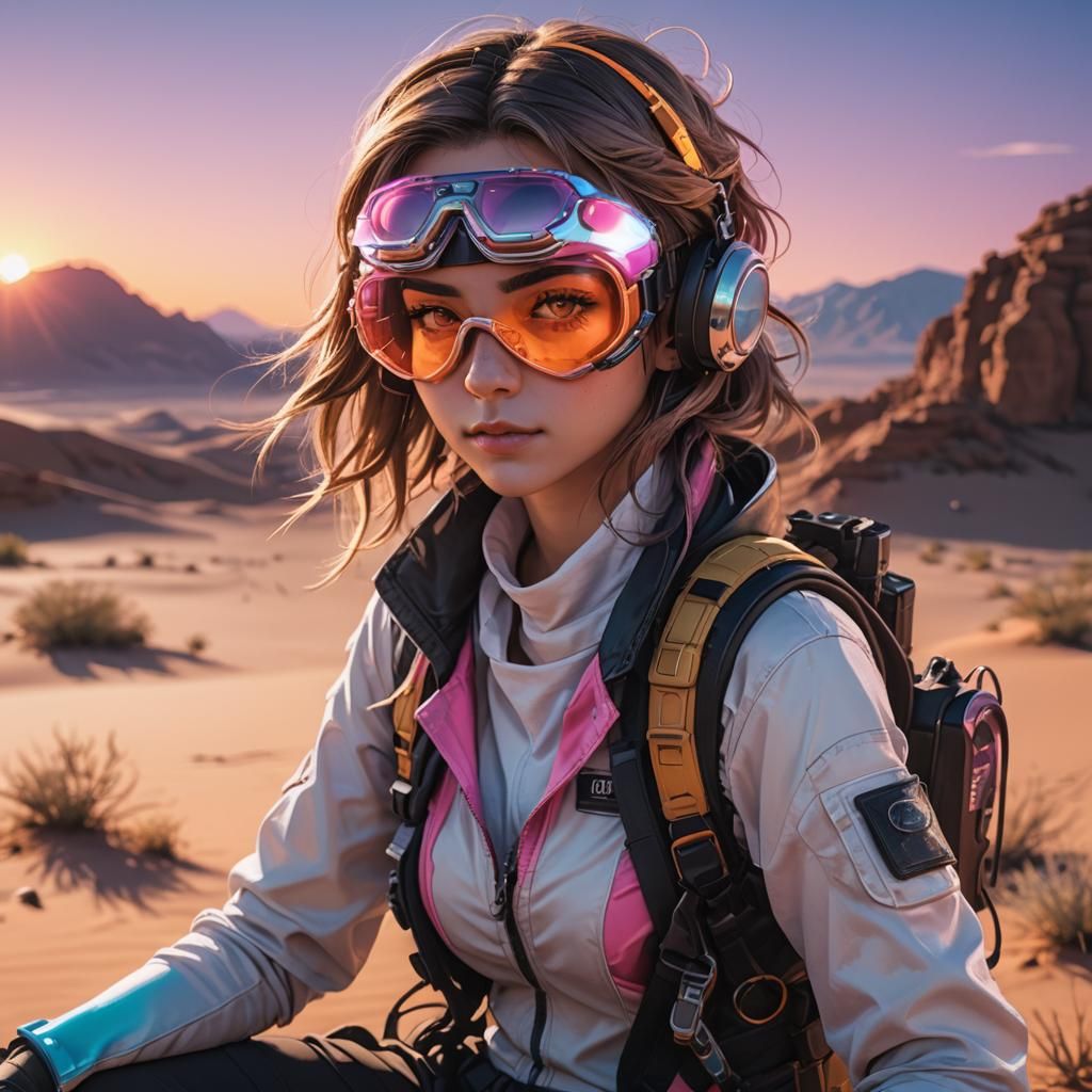 Neon Desert Girl Portrait in Cyberpunk Style