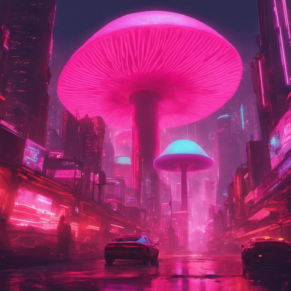 Cyberpunk City Inside Translucent Mushroom