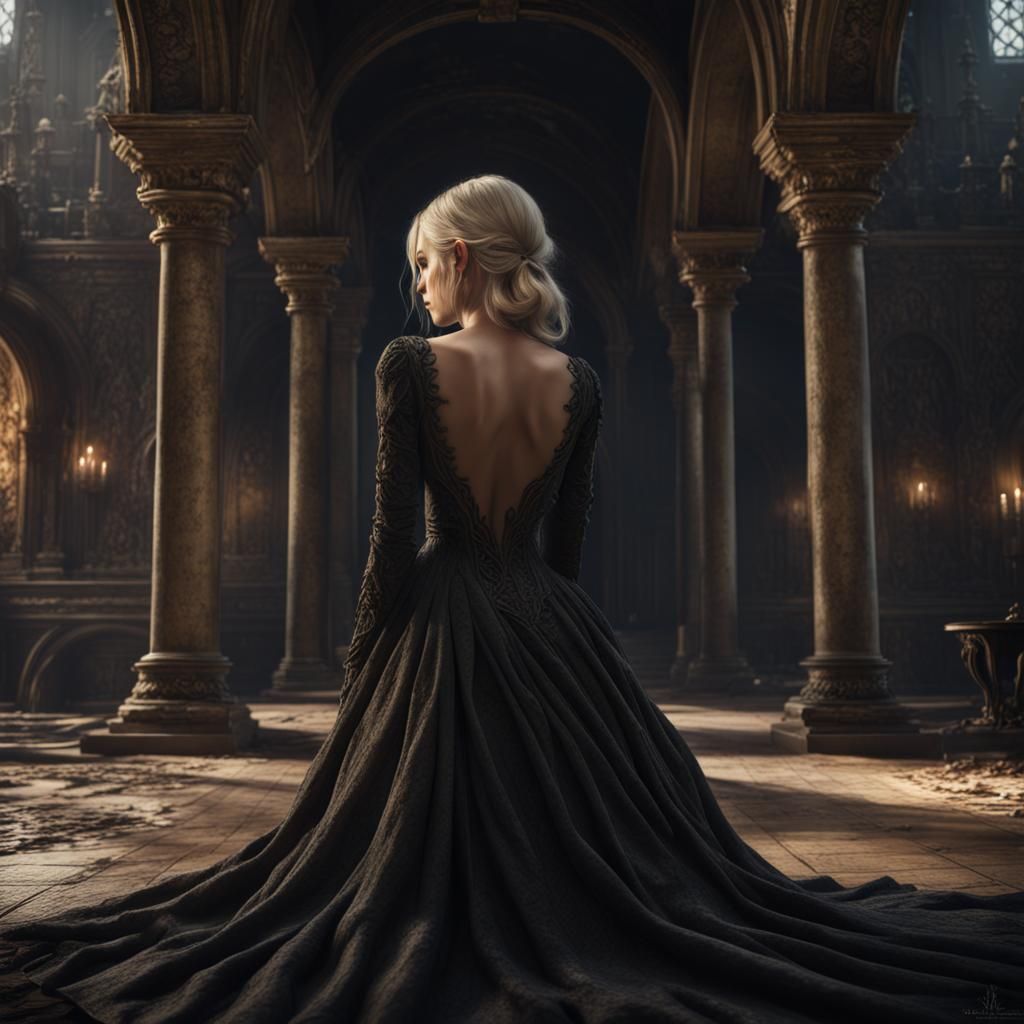 Sad Bride in Black Dress: Detailed Matte Painting