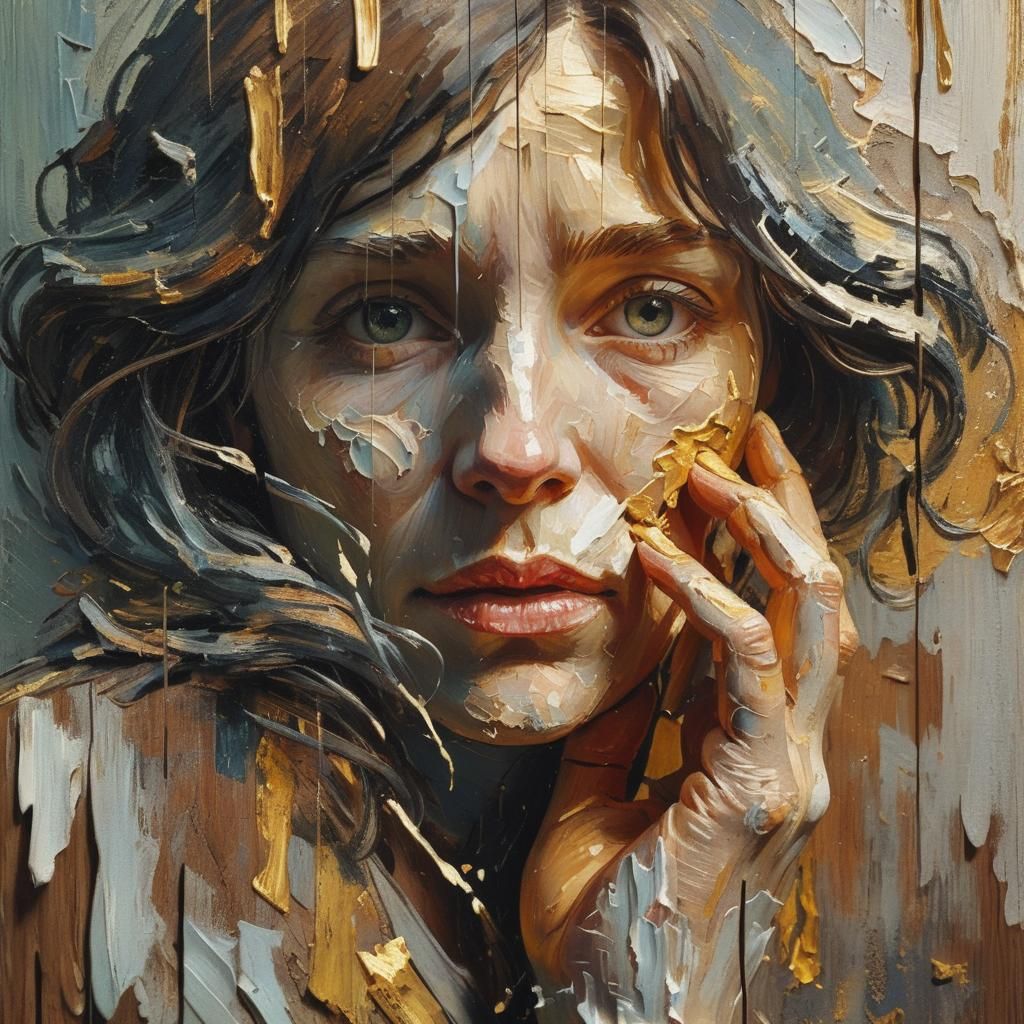 Impressionist portrait. Medium shot. Woman peeling paint fro...