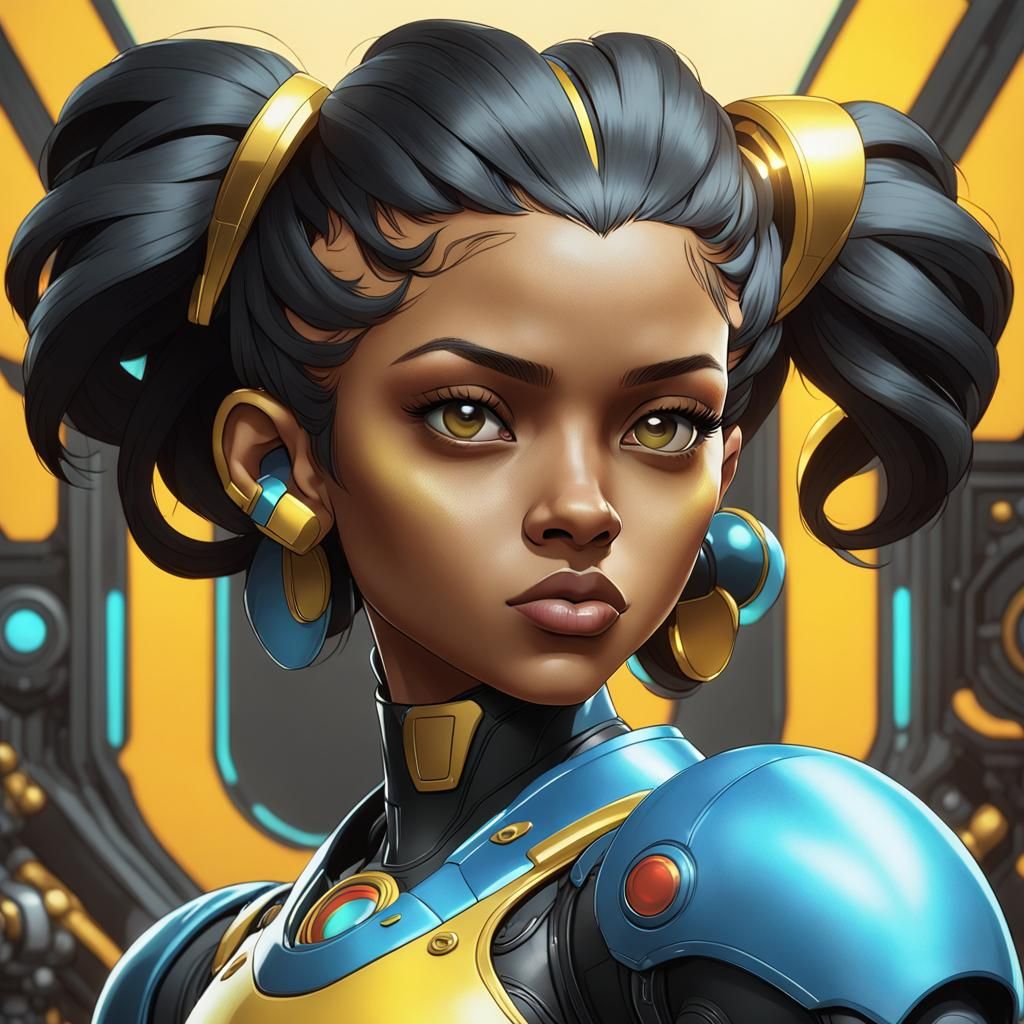 Mulatto Female MegaMan Portrait in Art Nouveau Style