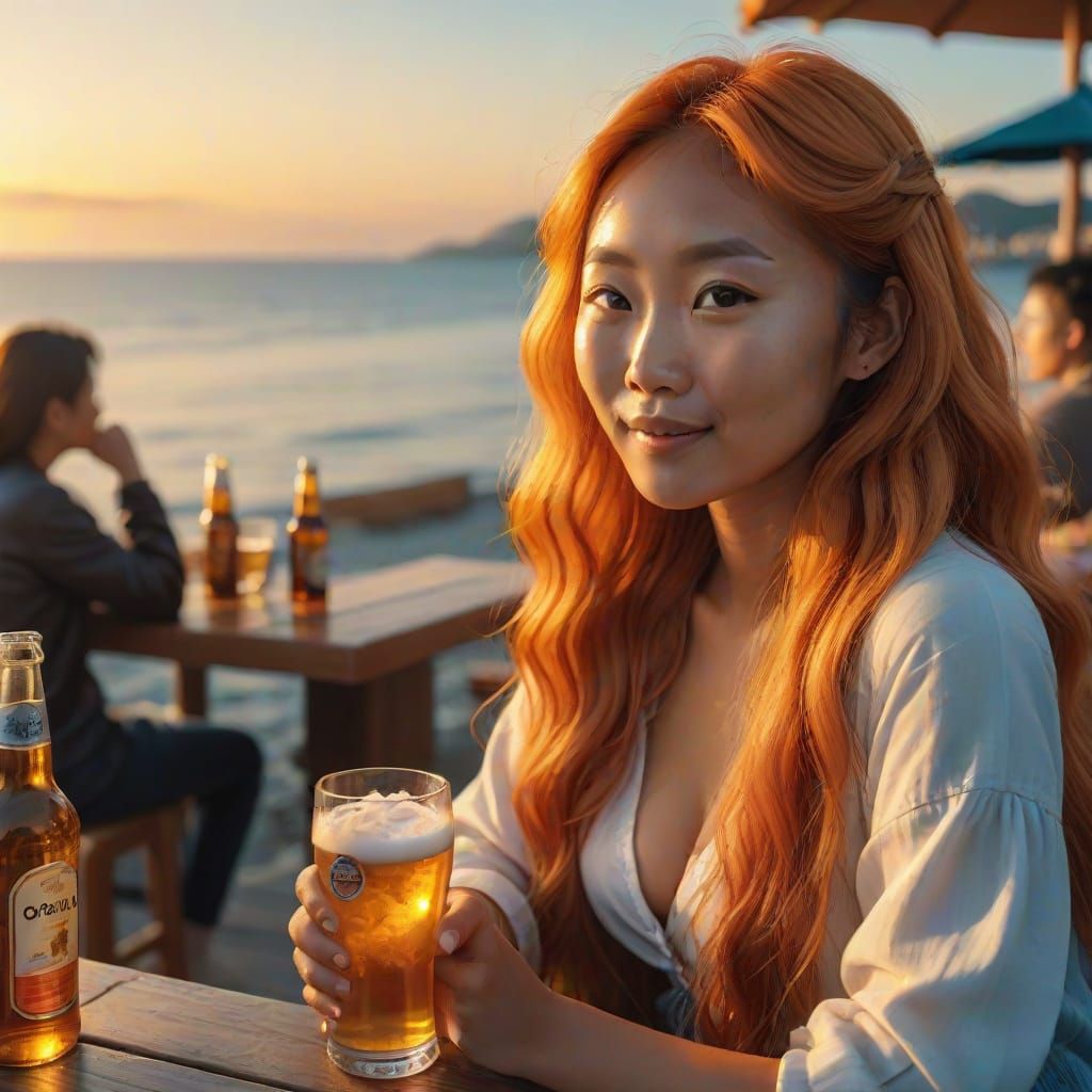 Asian Woman Enjoys Beer by the Sea at Golden Hour