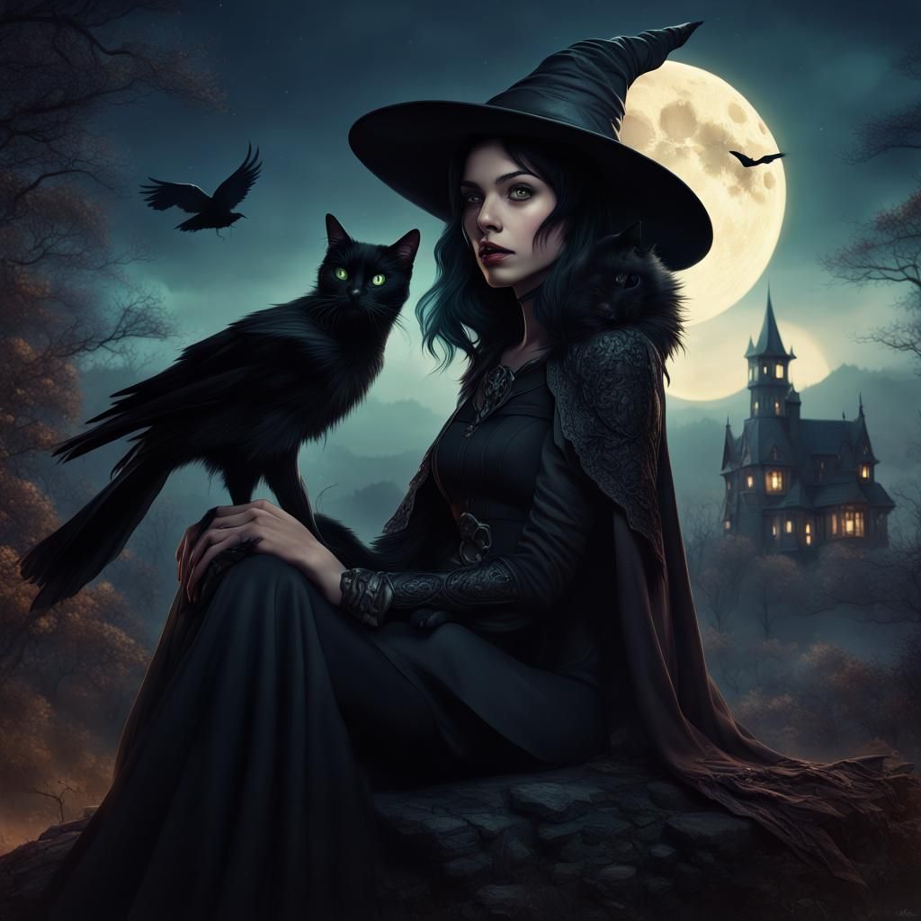 Fantasy Witch with Raven-Cat Familiar at Night