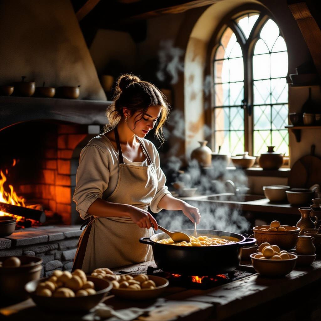 Medieval Cook Prepares Stew in Manor Kitchen Oil Painting