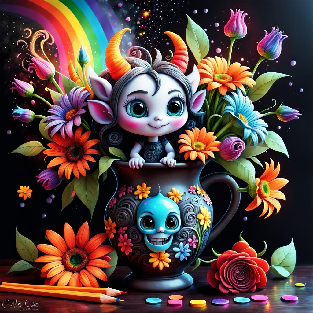 Whimsical Demon Beside Flowers: A Dark Fantasy 3D Art