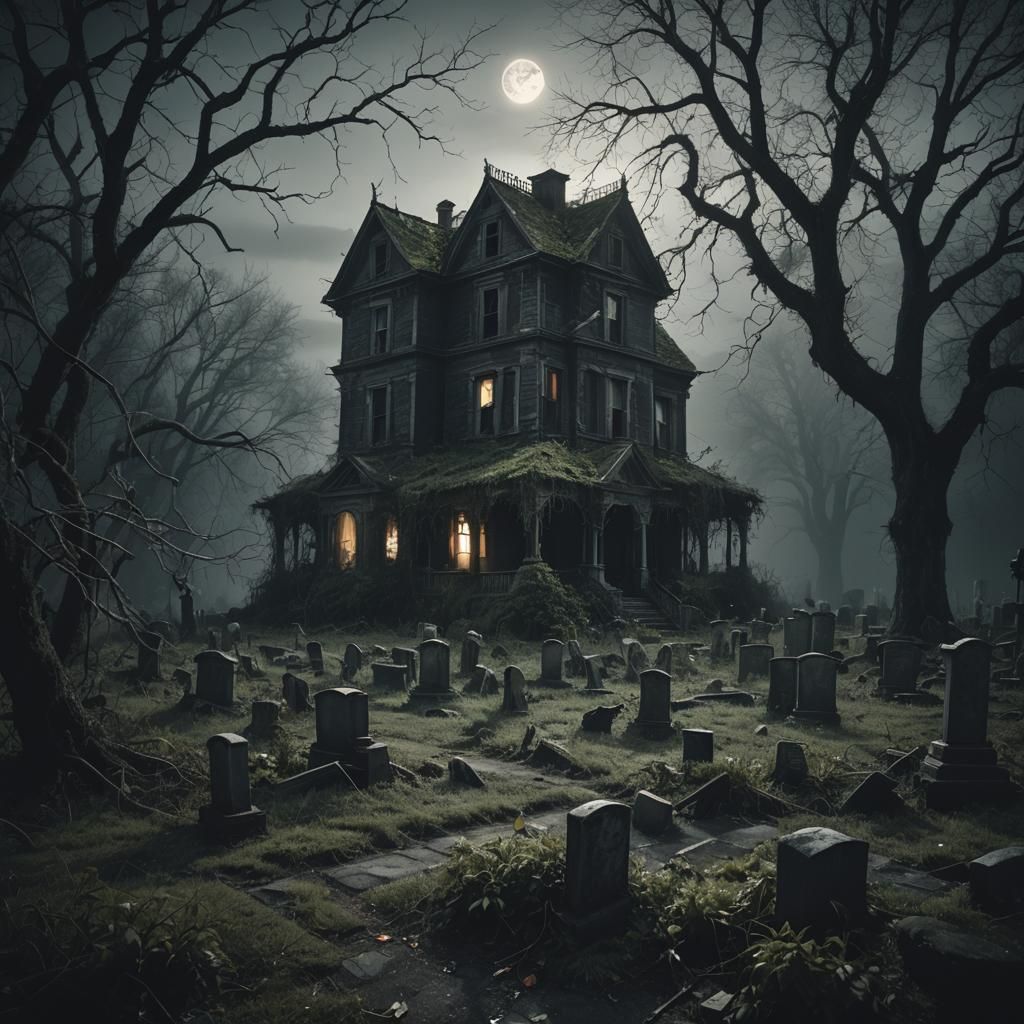 Eerie Abandoned House with Graveyard in Hyperrealistic Style