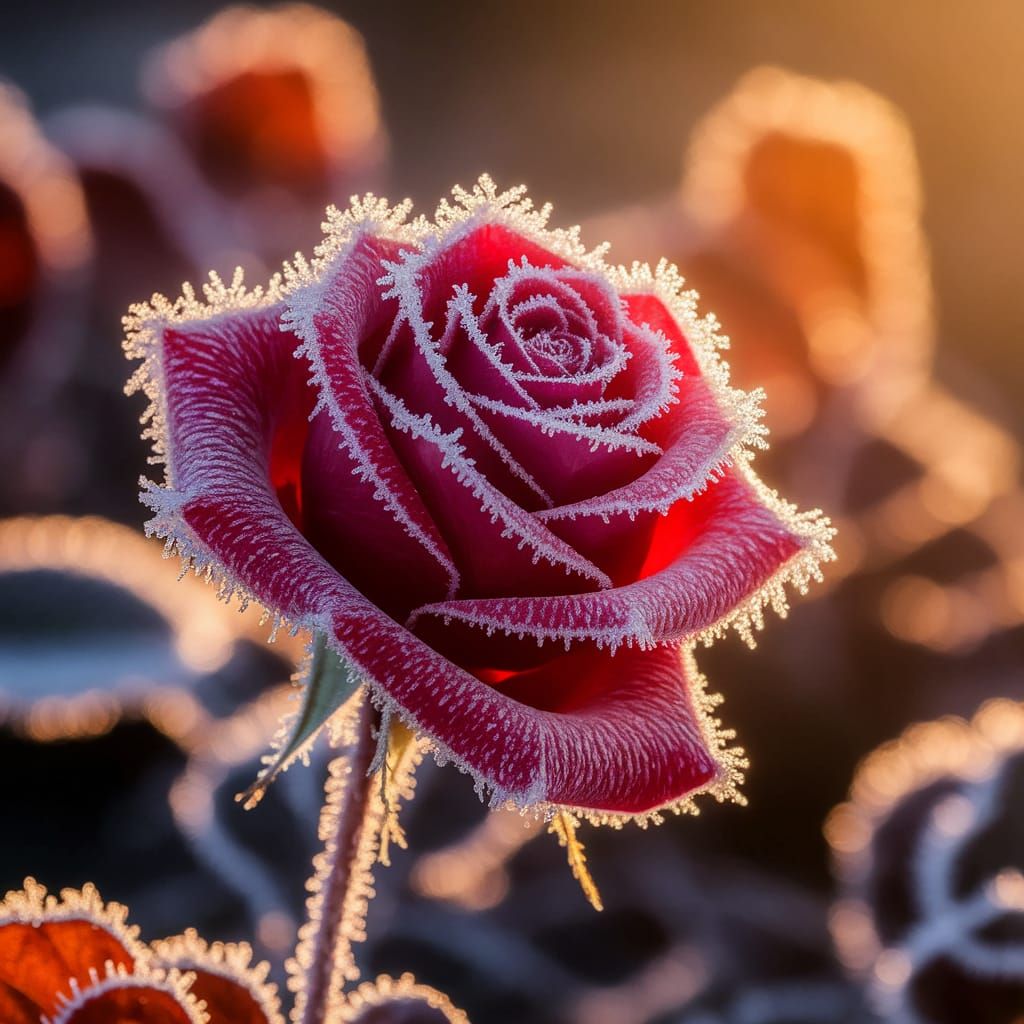 Crimson Rose Encased in Frost with Golden Light