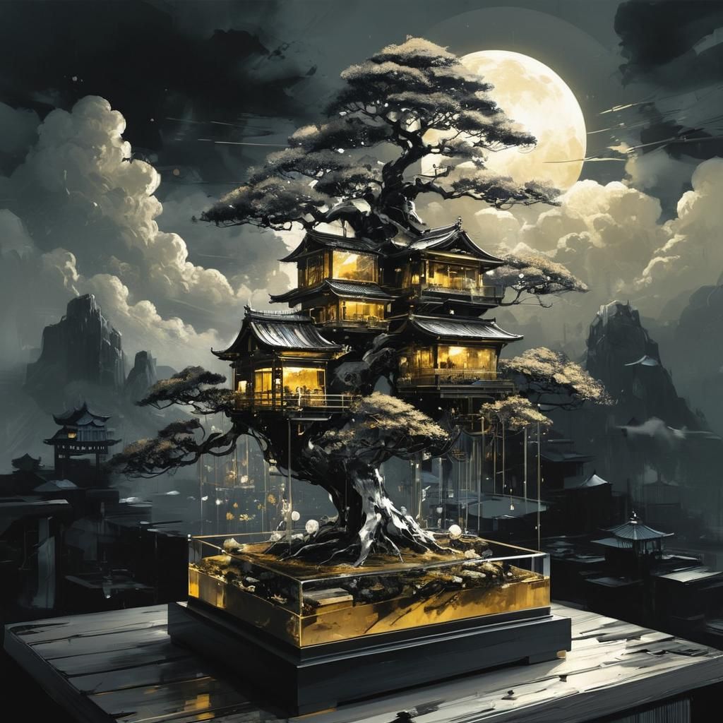 Clockpunk Crystal Bonsai Village in Monochromatic Synthwave