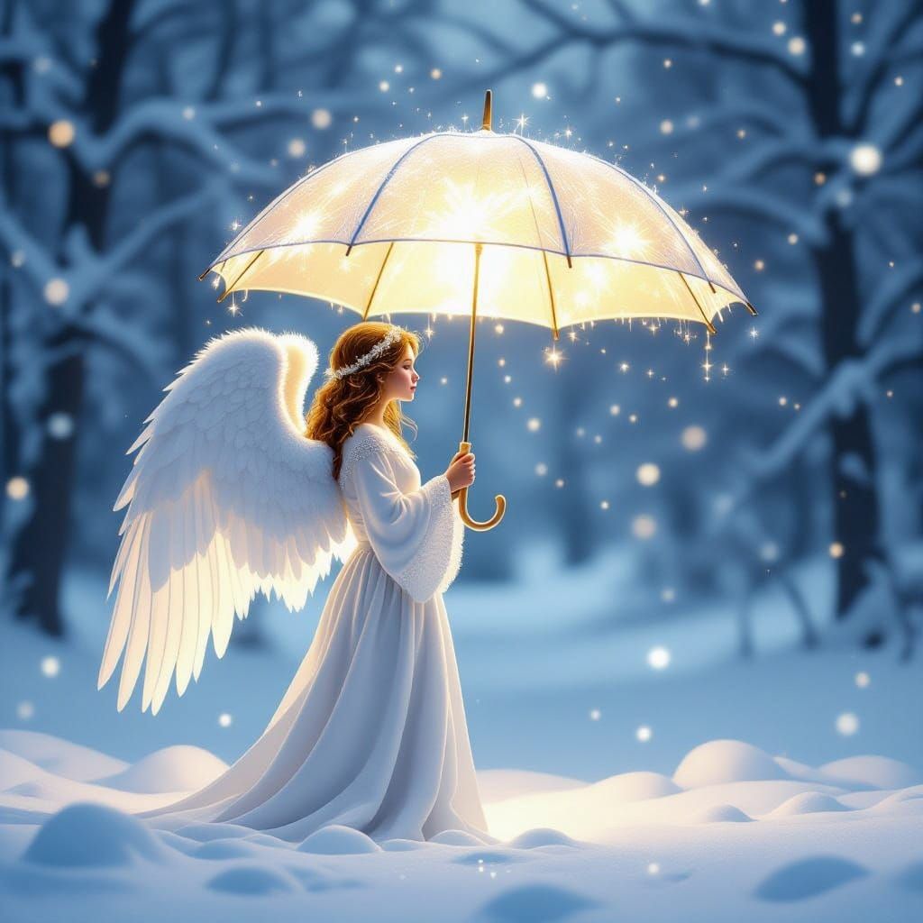 Angel with Glowing Umbrella in Winter Wonderland