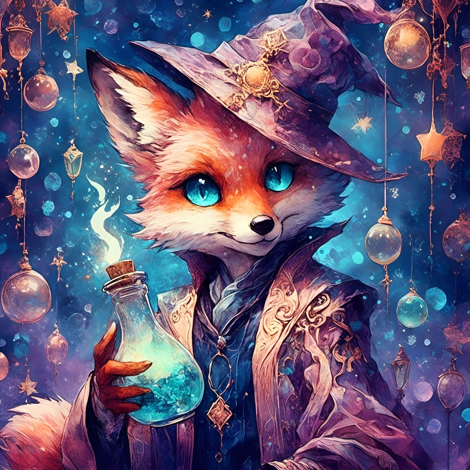 Anime Fox Alchemist with Potion, Alcohol Ink Art