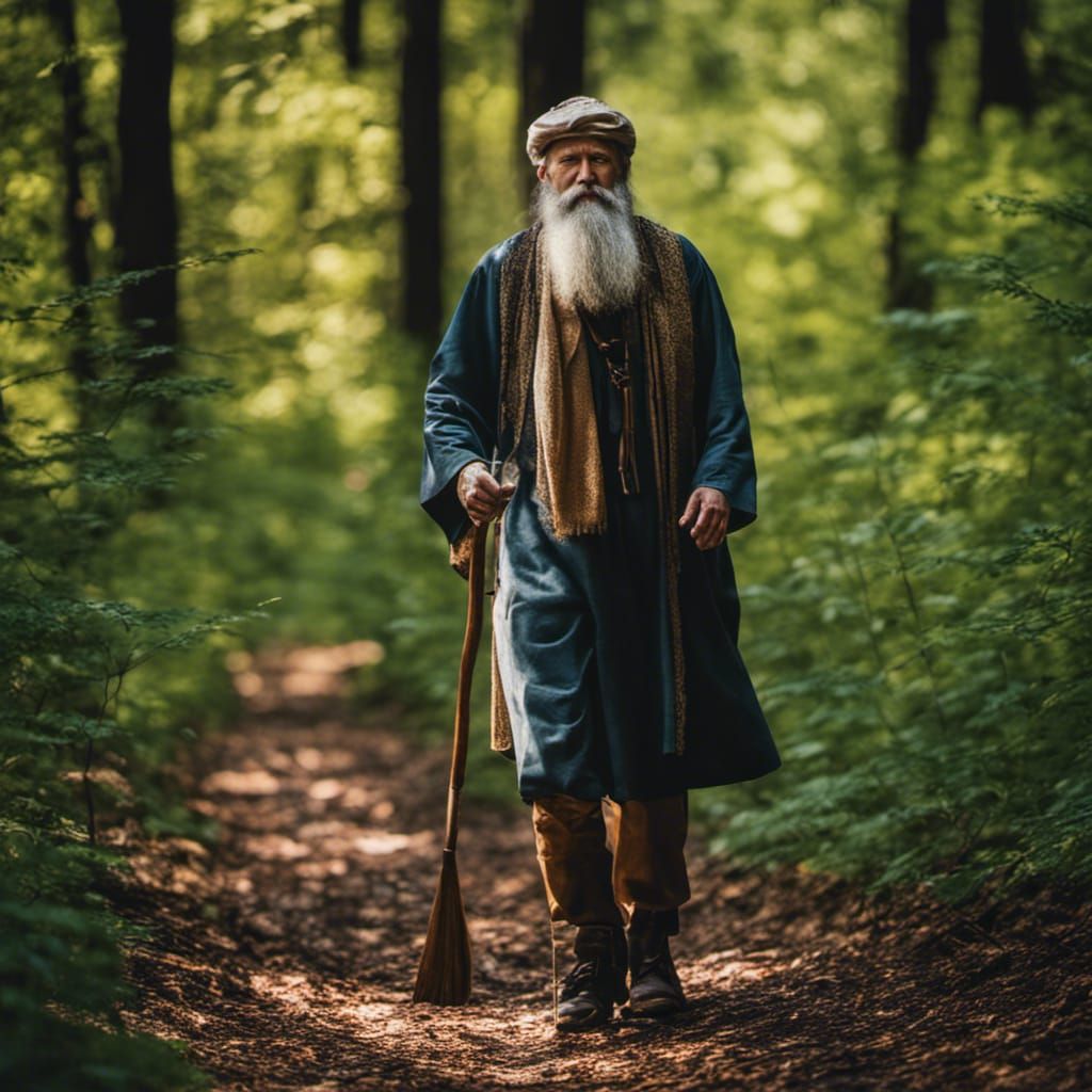 Old Mage Walking in Forest: 8K Photography
