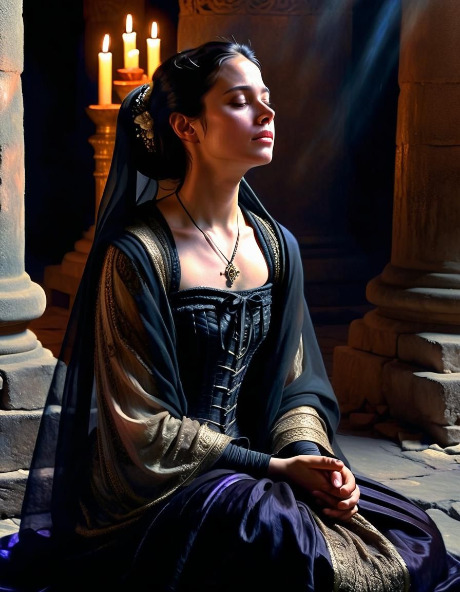 Renaissance Woman Praying in Temple Ruins, Oil Painting