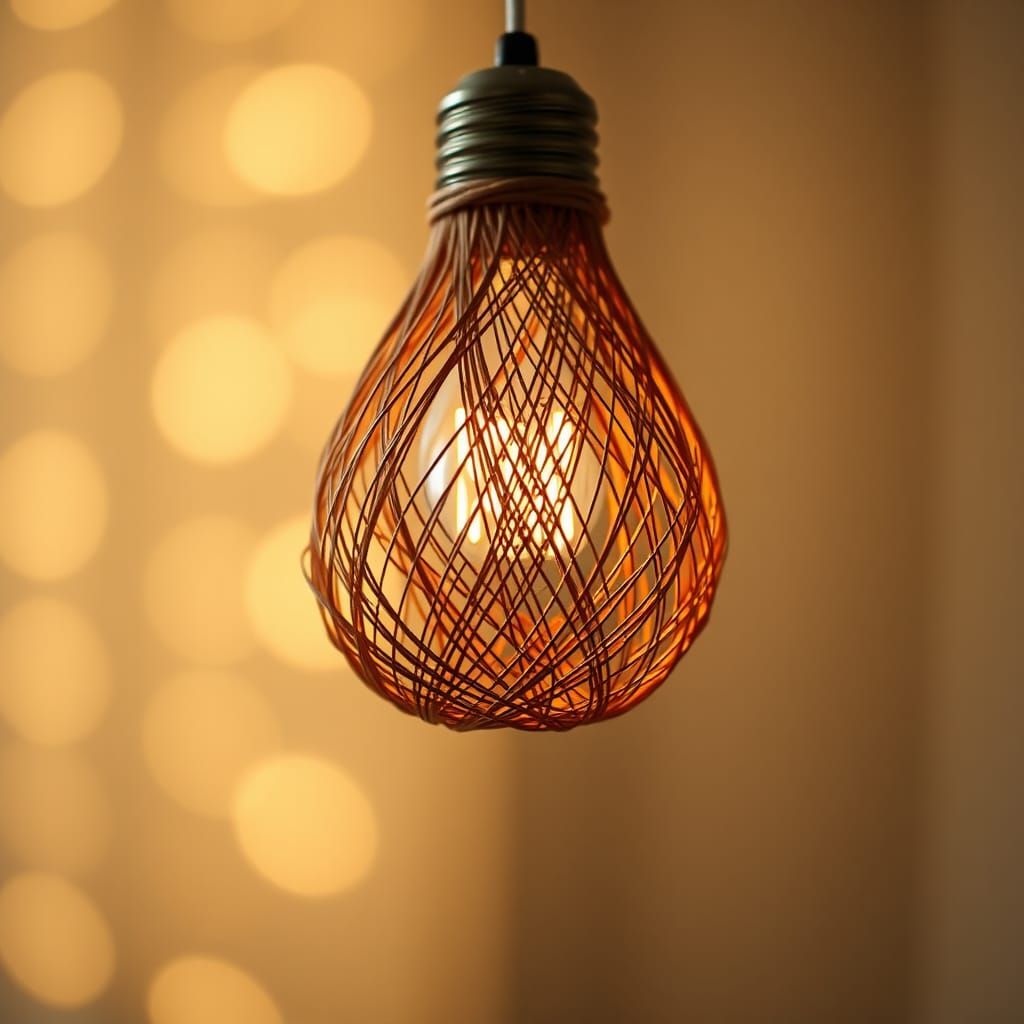Intricately Woven String Light Bulb in Mid-Air