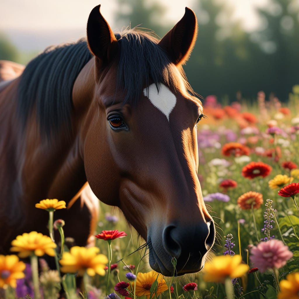 Horse Portrait in Field of Flowers: Equine Art