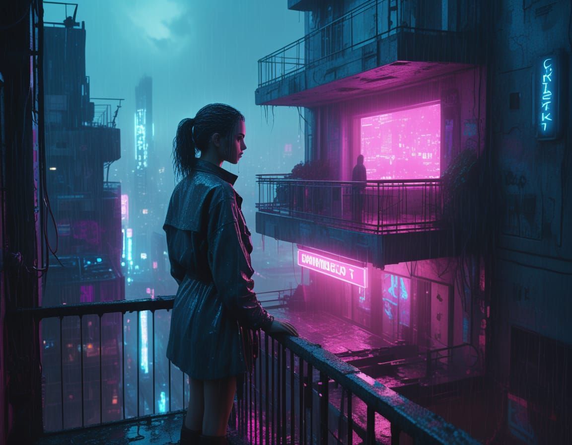 Cybernetic Woman on Balcony Overlooking Dystopian Metropolis