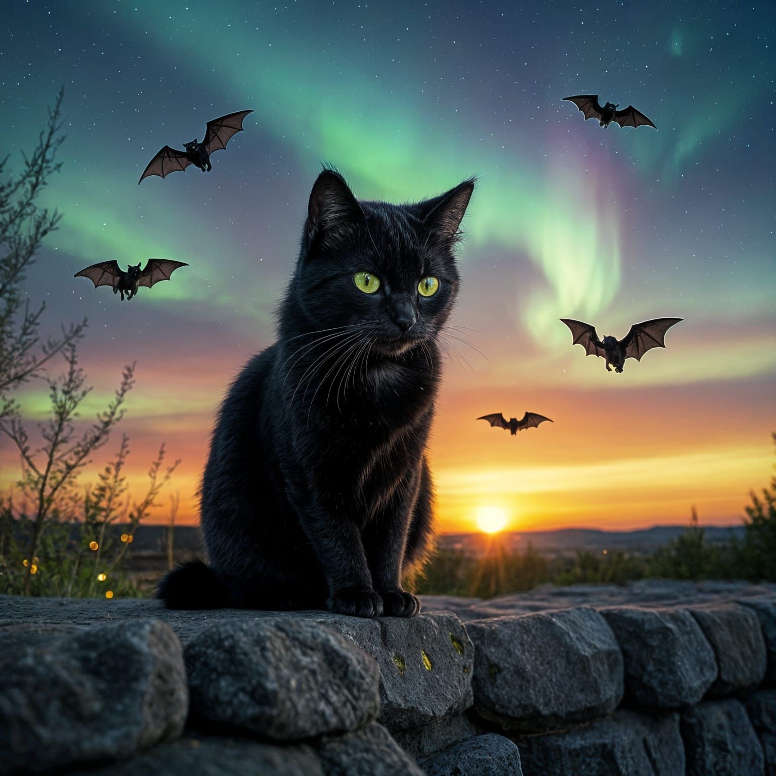 Hyperrealistic Black Cat on Wall Watching Bats at Sunset