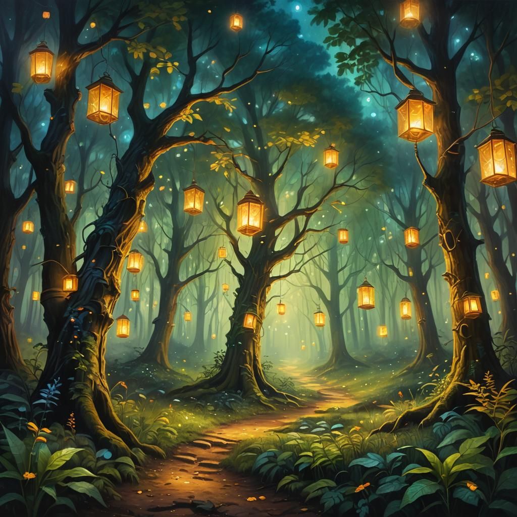 Mystical Forest at Night in Vibrant Oil Painting