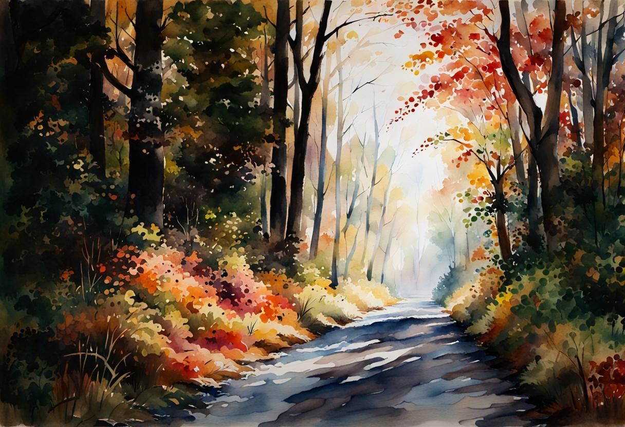 Sunlit Road Through Autumn Forest, Watercolor