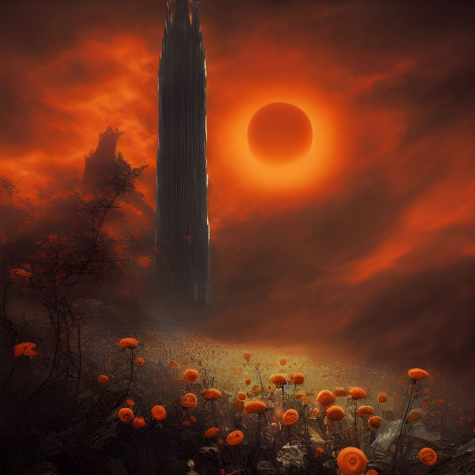 Orange Flower and Dark Tower: Surreal Fantasy Art