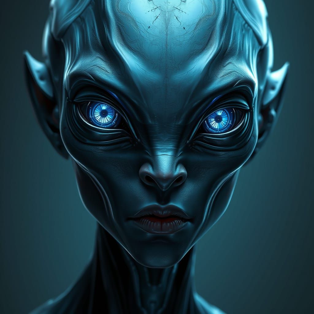 Sleek Alien Portrait with Glowing Sapphire Eyes
