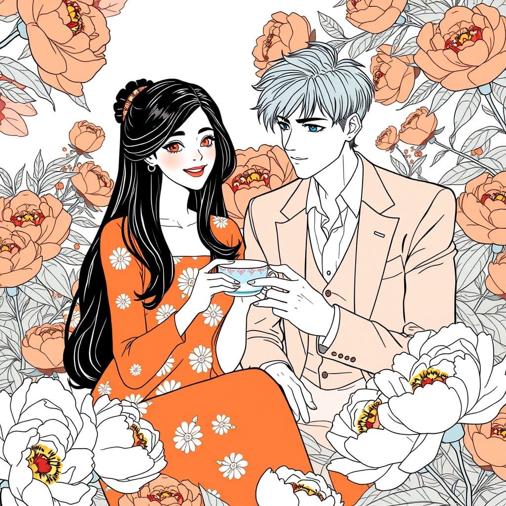Elegant Couple Sips Tea in Lush Peony Garden